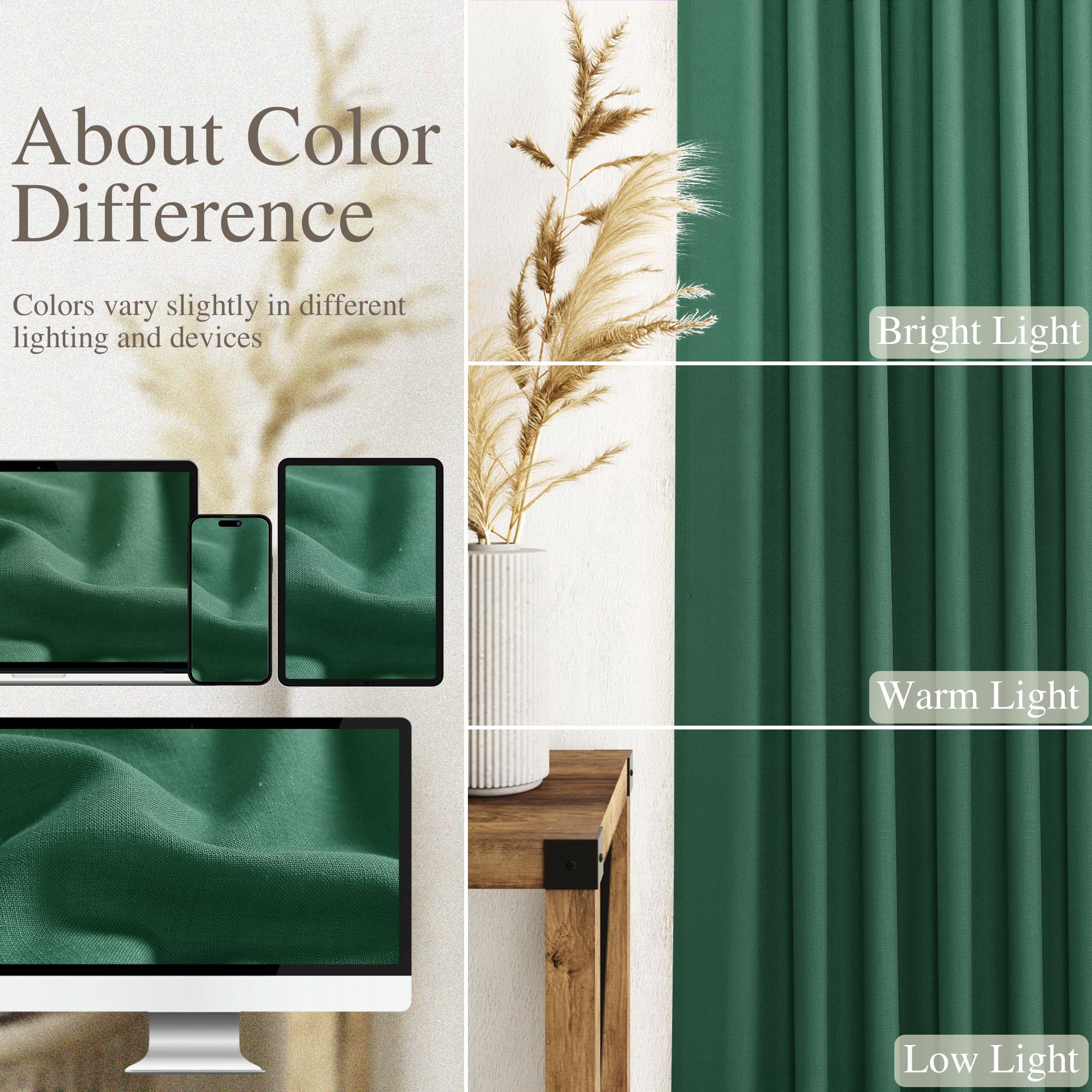 Nanspring Dark Green Linen Curtains 96 Inches Long 2 Panels Set for Living Room Rod Pocket Back Tab Semi Sheer Light Filtering Protect Privacy Emerald Green Curtain for Bedroom Floor Length 52x96