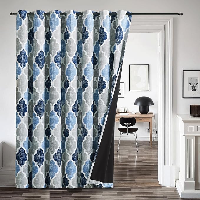 Beauoop Moroccan 100% Blackout Sliding Door Curtains Blue Grey 100x84 1 Set