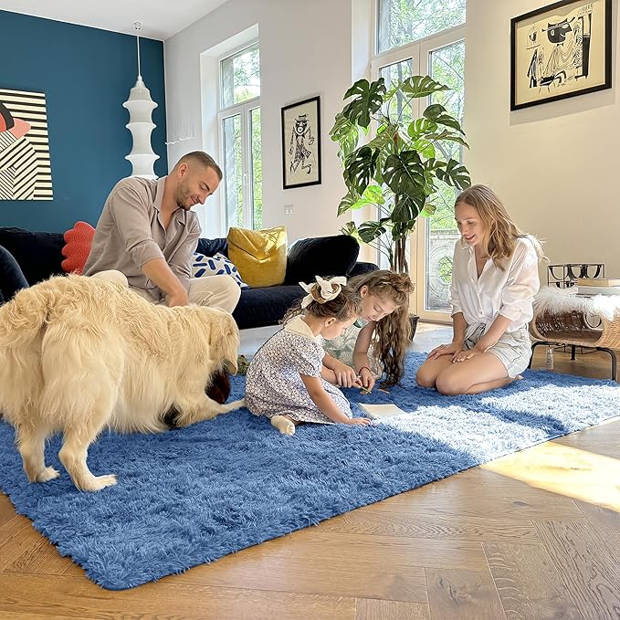 OLANLY 3x5 Machine Washable Small Bedside Rug, Soft Fluffy Shaggy Rugs for Living Room, Bedroom, Indoor Floor Carpet for Kids Girls and Boys, Preppy Dorms, Nursery, Home Decor Aesthetic, Blue
