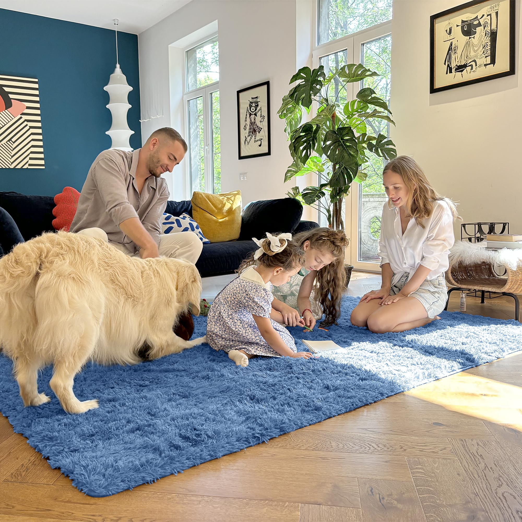 OLANLY Area Rugs for Living Room Bedroom, Machine Washable 4x5.9 ft Soft Fluffy Shaggy Bedside Rug, Indoor Floor Carpet for Kids Girls and Boys, Dorms, Nursery Rooms, Home Decor Aesthetic, Blue