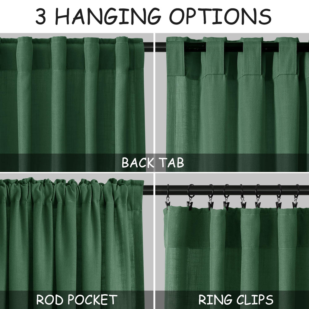 Green Semi Sheer Curtains 120 Inches Long 2 Panels Set Back Tab Loop Pocket Linen Blend Boho Large Window Curtain Extra Long Light Filtering Drapes High Ceiling Curtains for Living Room 52x120