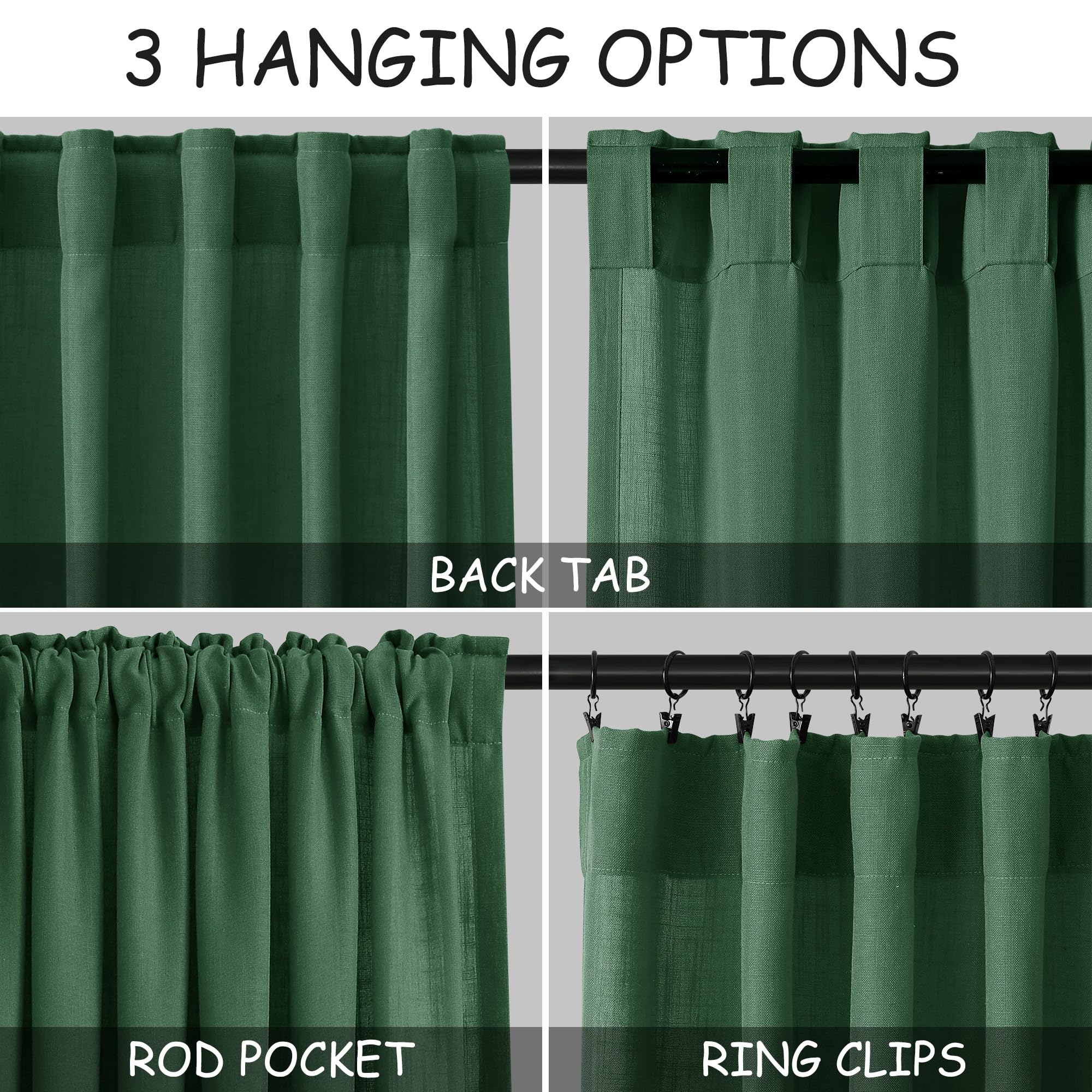 Green Semi Sheer Curtains 120 Inches Long 2 Panels Set Back Tab Loop Pocket Linen Blend Boho Large Window Curtain Extra Long Light Filtering Drapes High Ceiling Curtains for Living Room 52x120