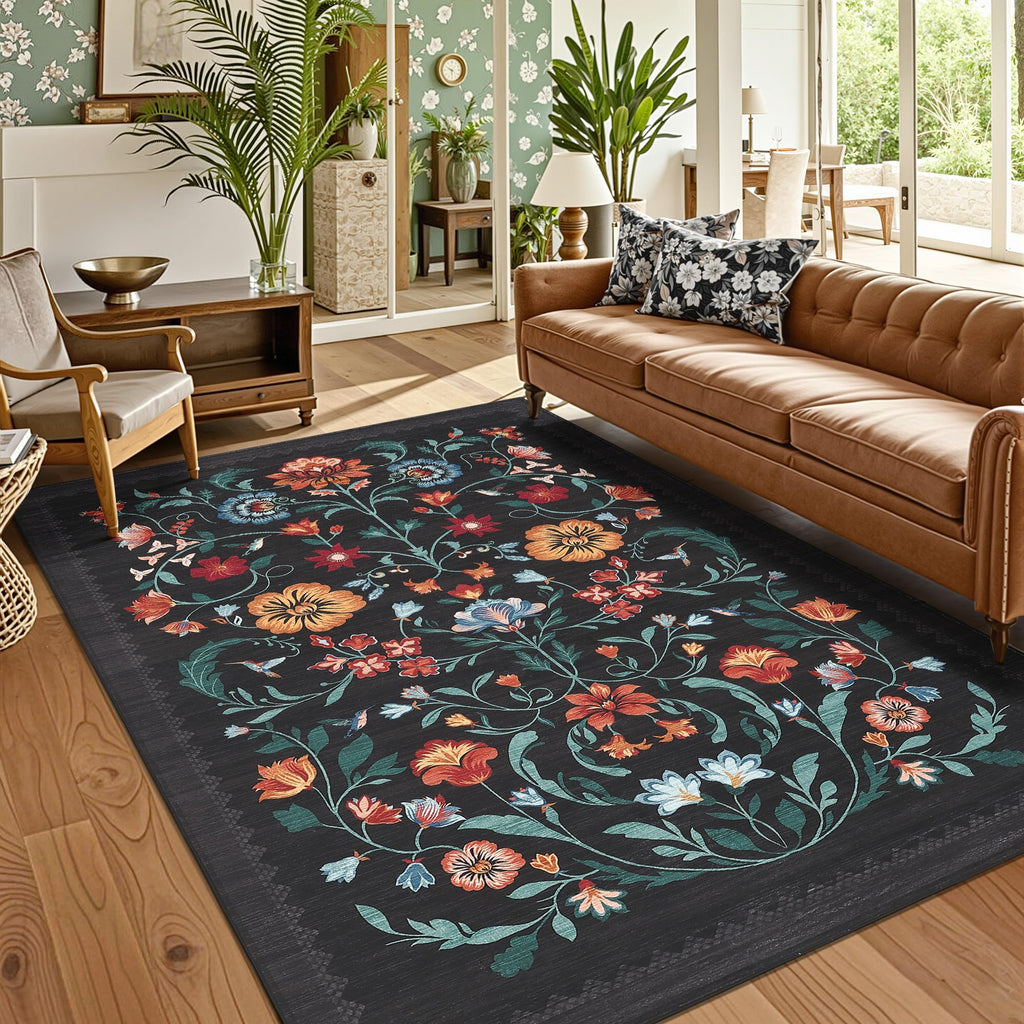 GarveeHome Washable Rug 5x7 Area Rugs for Living Room, Floral Rug for Bedroom, Soft Boho Non Slip Throw Rugs with Rubber Back, Low Pile Stain Resistant Vintage Floral Carpet for Dining Room, Black