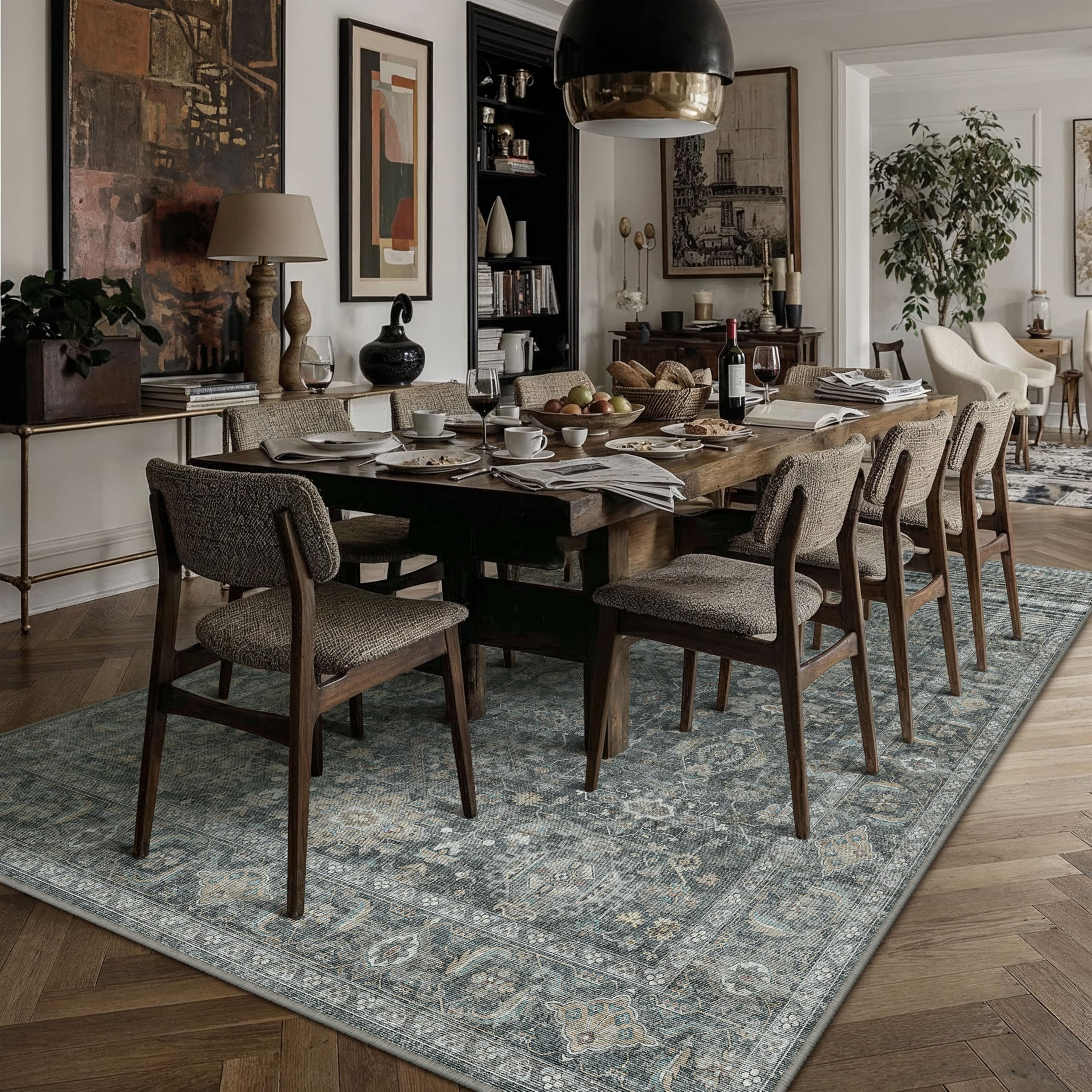 WondRg 6x9 Washable Area Rug for Living Room Bedroom Vintage Black Grey Carpet Soft Low Pile Traditional Retro Non Slip Throw Rug for Dining Room Entryway Indoor Dorm Kitchen