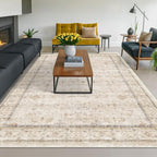 Hazo Haus Washable Ivory Living Room Rug, 8x10 Non Slip Area Rugs for Bedroom, Dinning Room Under Table Low Pile Neutral Farmhouse Vintage Foldable Decor