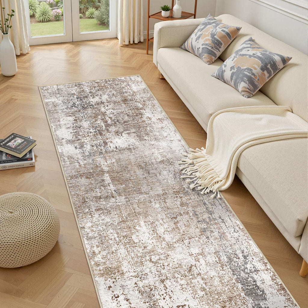 UERMEI 3x12 Washable Runner Rug for Hallway, Non Slip Low Pile Kitchen Carpet, Neutral Modern Abstract Indoor Floor Mat for Entryway Laundry, Kid & Pet Safe High Traffic Area, Brown/Grey/Red