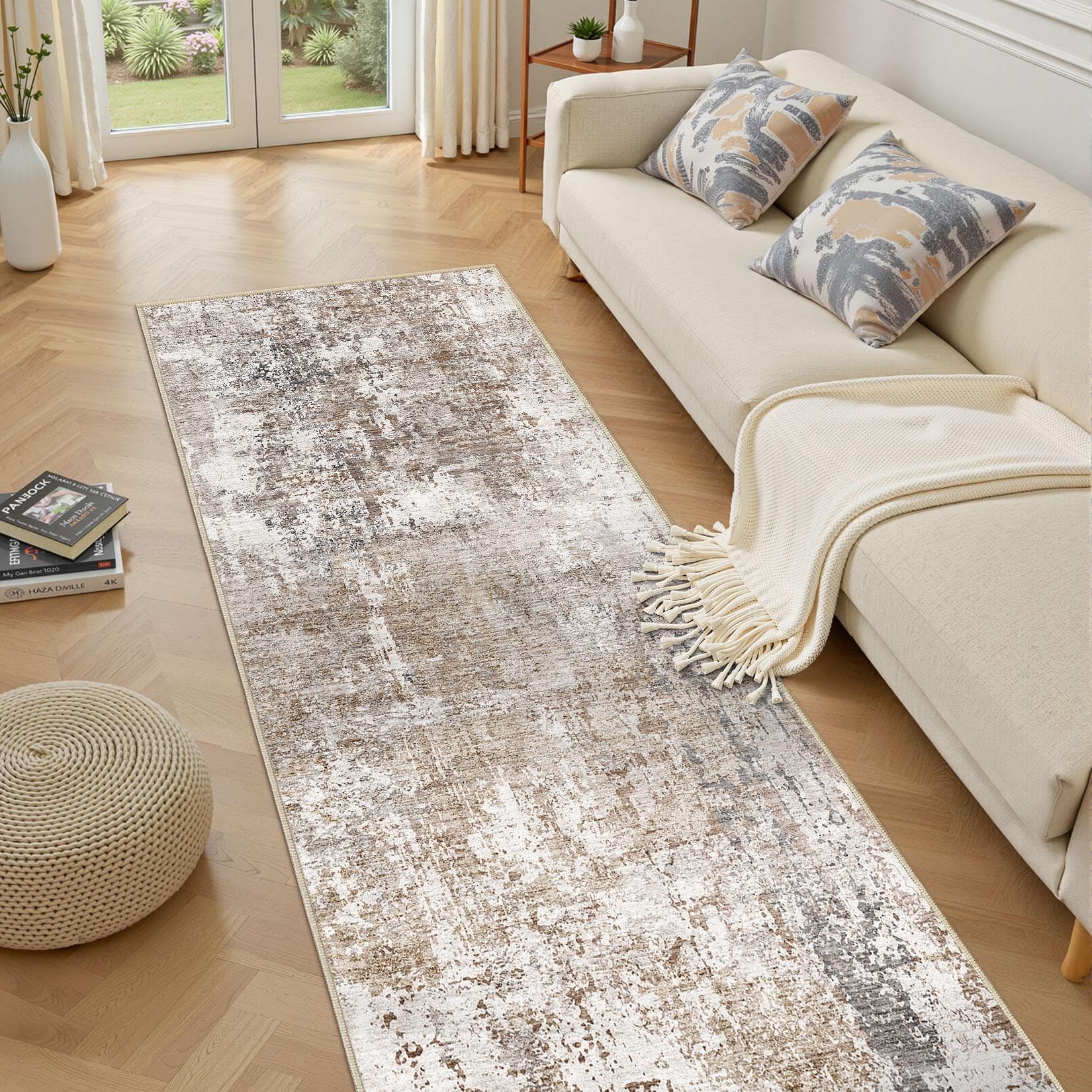 UERMEI 3x12 Washable Runner Rug for Hallway, Non Slip Low Pile Kitchen Carpet, Neutral Modern Abstract Indoor Floor Mat for Entryway Laundry, Kid & Pet Safe High Traffic Area, Brown/Grey/Red