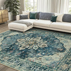 RELEANY Area Rugs 9'x12' Washable Non-Slip, Floral Vintage Distress Print Pattern Medallion Carpet for Living Room Bedroom Dining Room, Dark Blue Vintage