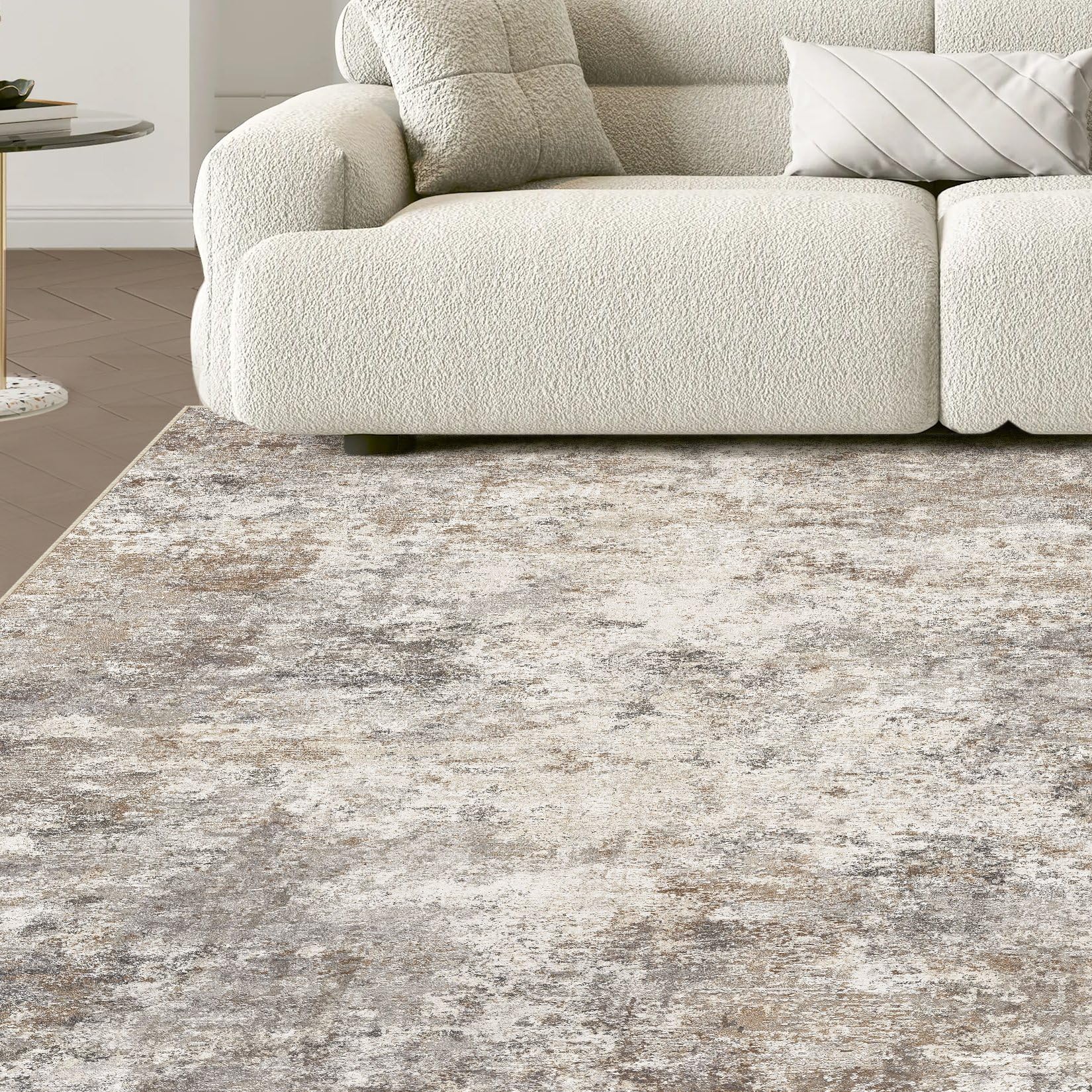 UERMEI Square Area Rugs: Washable 8x8 Neutral Modern Abstract Carpet for Living Room Bedroom - Soft Floor Mat with Non Slip Backing for Kitchen Nursery Dorms Farmhouse Home Decor - Brown Grey