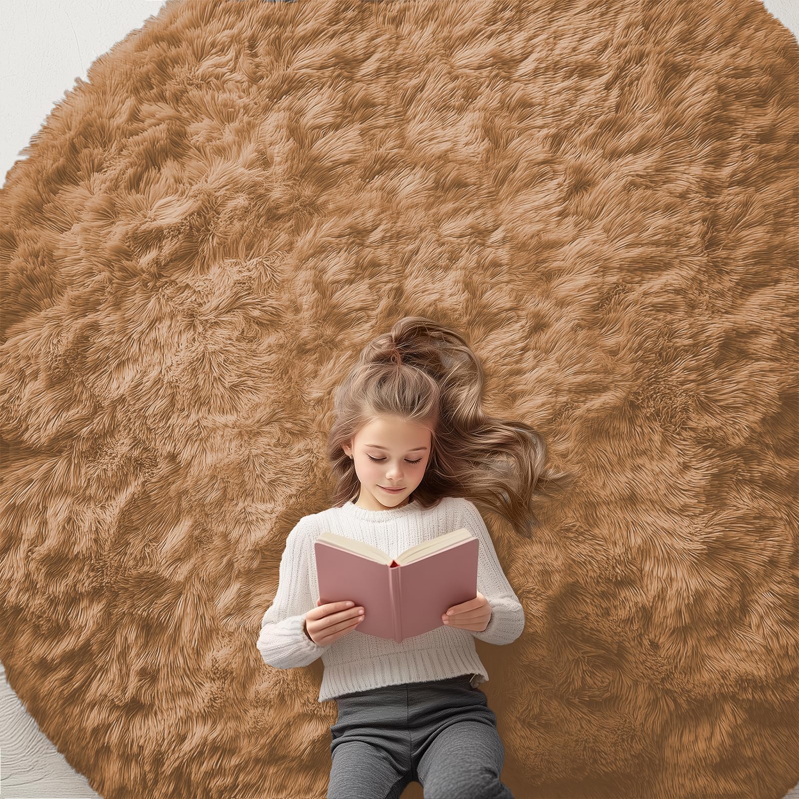 OLANLY Khaki Round Rugs for Bedroom - Machine Washable, 7 ft Circle Area Rugs for Living Room, Soft and Fluffy Shaggy Carpet for Teen Girl and Boys, Nursery Rooms, Dorms, Home Decor Aesthetic