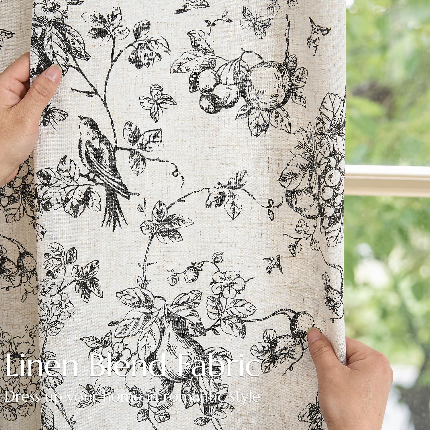 jinchan Black Floral Linen Curtains 63 Inch Vintage Back Tab 2 Panels