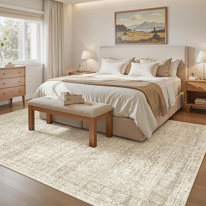 Soalmost 5x8 Area Rugs Beige Low Pile Washable Trendy Faded Style Rug