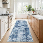 3x6 Washable Entryway Runner Rug: Non Slip Wide Hallway Runners Easy-to-Clean - Soft Living Room Bedroom Kitchen Carpet - Thin Low Pile Printed Floor Mat for Dining Room Blue