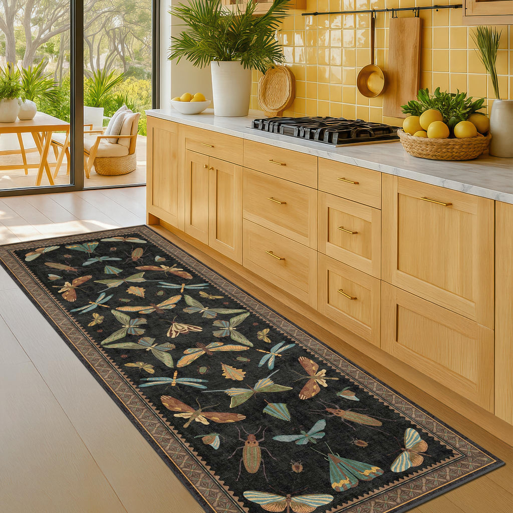 2x6 Black Entryway Runner Rugs Washable Non Slip Runners for Hallway, Kitchen, Mudroom, Laundry Room, Stain Resistant Ultra Soft Non Skid, Nature Insect Fantasy Whimsical Indoor Decor