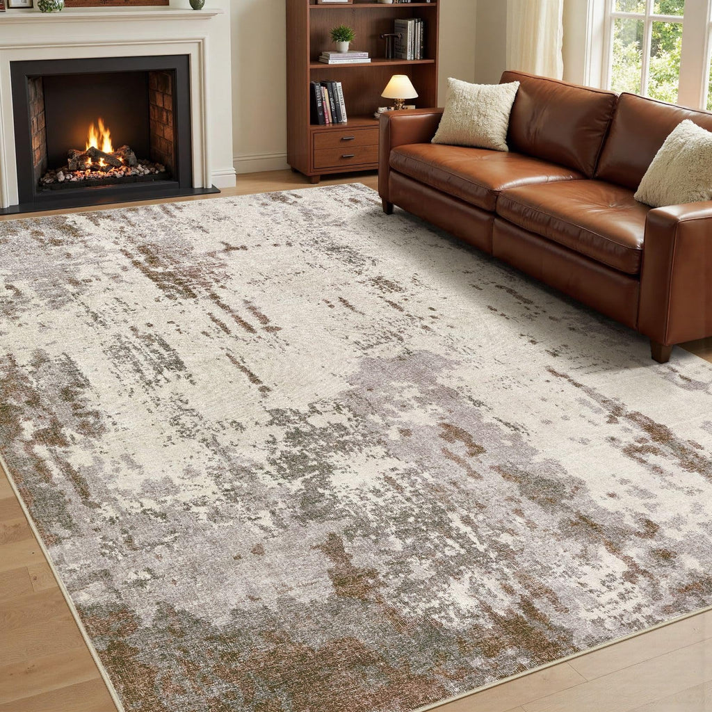 UERMEI 10x14 Washable Area Rug - Neutral Modern Abstract Living Room Rugs, Non-Slip Soft Large Indoor Floor Carpet for Bedroom Home Office & Under Dining Table Decor, Brown/Grey/Beige