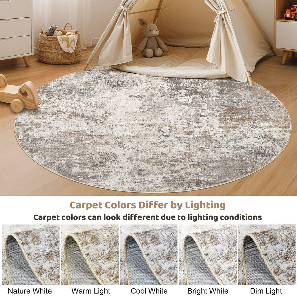 UERMEI 6ft Round Area Rug Living Room Rugs - 6x6 Washable Neutral Modern Abstract Soft Thin Rug Indoor Floor No Slip Rug Carpet for Bedroom Under Dining Table Home Office Decor - Brown Grey