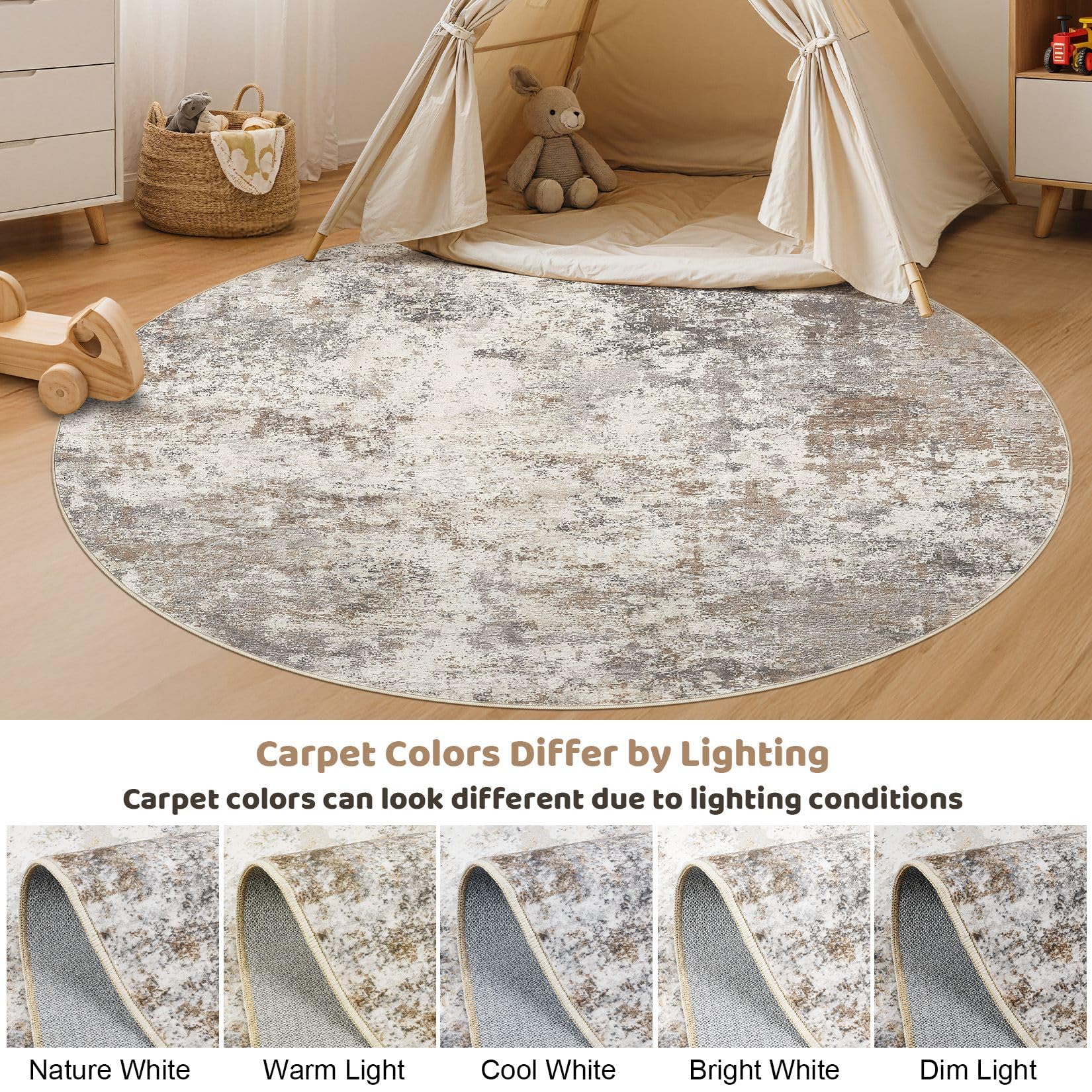 UERMEI 6ft Round Area Rug Living Room Rugs - 6x6 Washable Neutral Modern Abstract Soft Thin Rug Indoor Floor No Slip Rug Carpet for Bedroom Under Dining Table Home Office Decor - Brown Grey