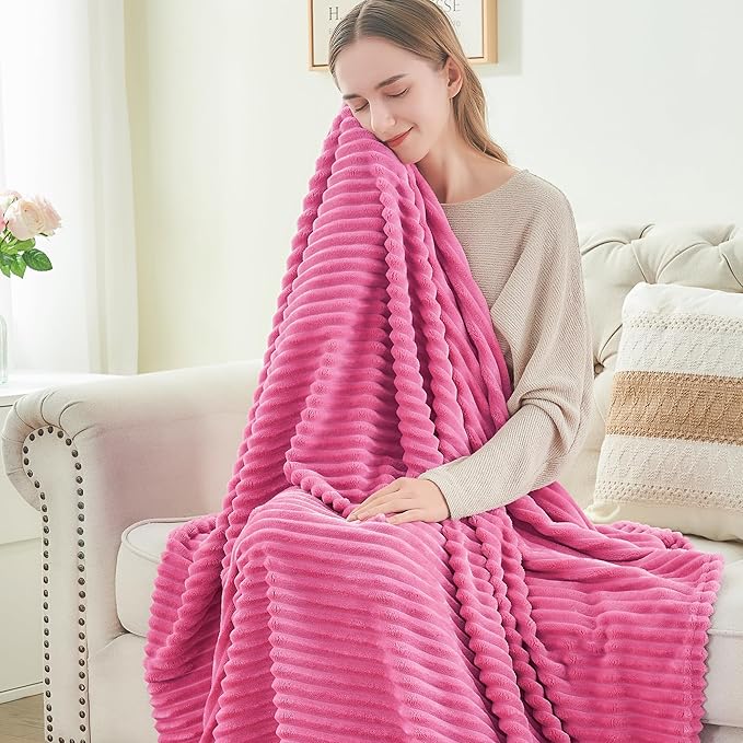 BEDELITE 3D Ribbed Jacquard Hot Pink King Size Blanket for Bed, 108x90 Inch