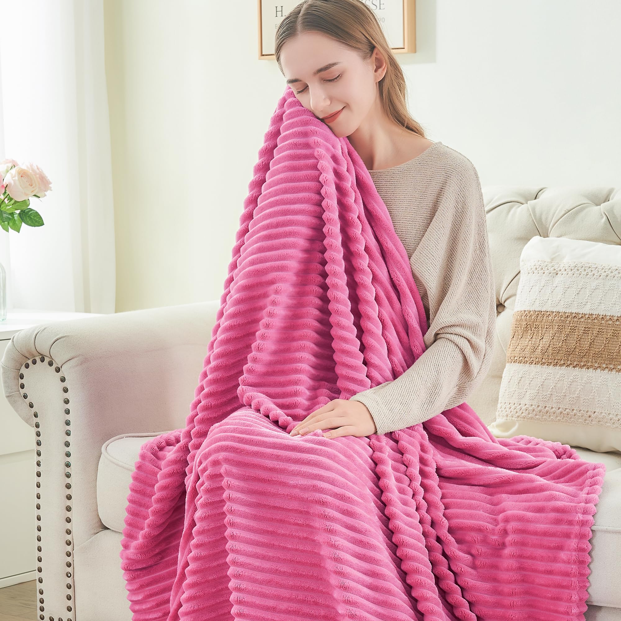 BEDELITE 3D Ribbed Jacquard Hot Pink King Size Blanket for Bed, 108x90 Inch