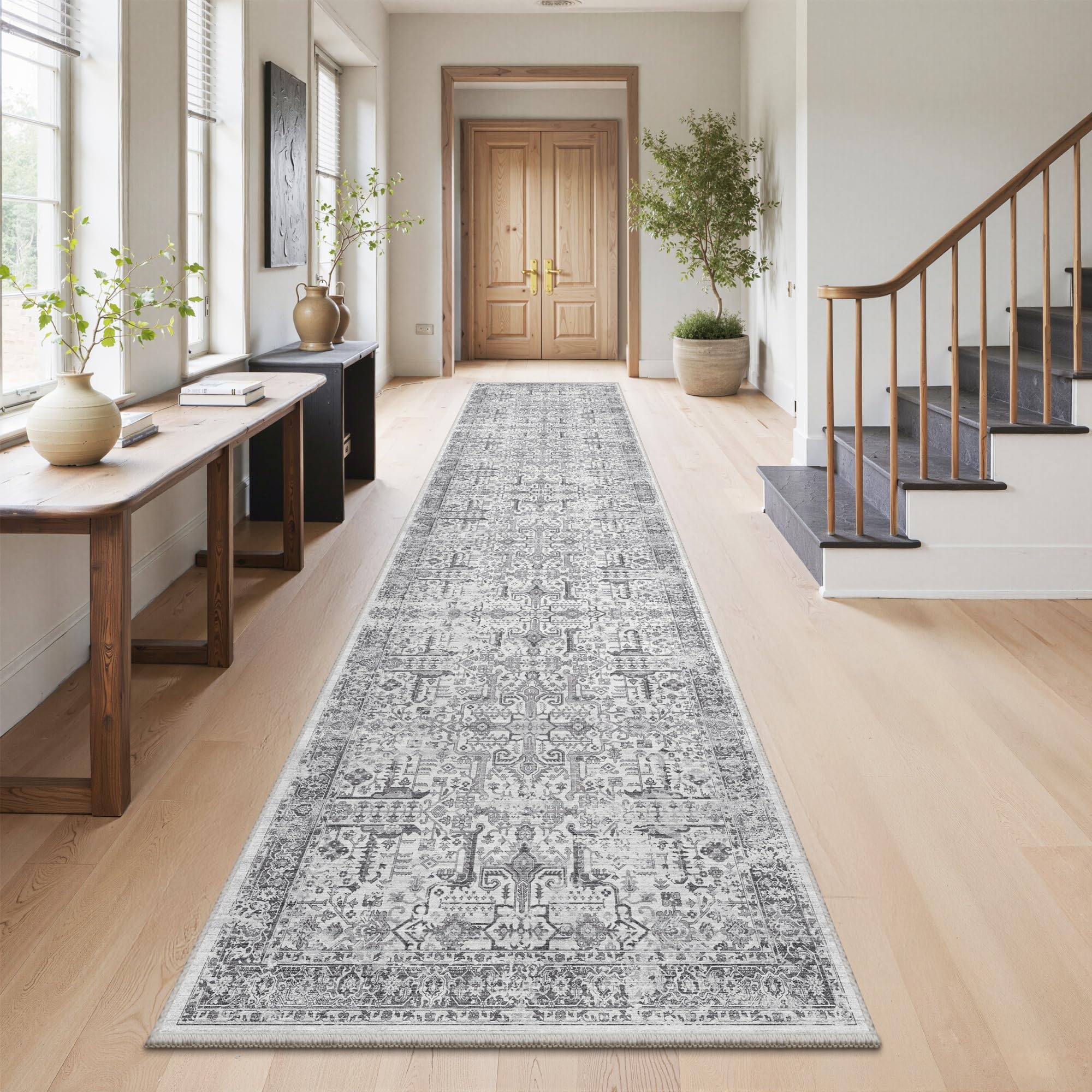 Hallway Washable Runner Rug 2x12 - Non Slip Vintage Kitchen Runner Rugs for Entryway Low-Pile Waterproof Long Runners for Living Room Bedroom Medallion Indoor Floor Mat for Bathroom Laundry Grey