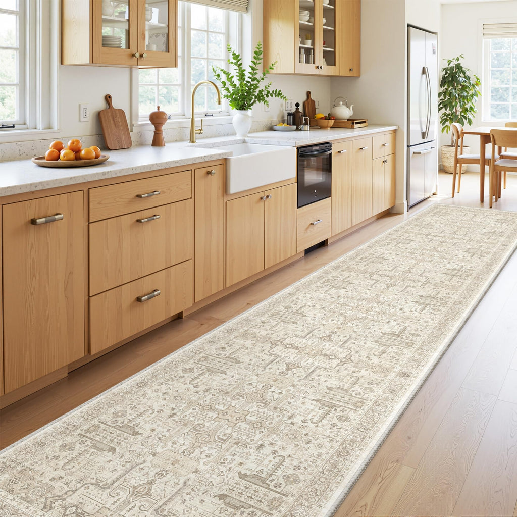 Hallway Washable Runner Rug 2x10 - Non Slip Vintage Kitchen Runner Rugs for Entryway Low-Pile Waterproof Long Runners for Living Room Bedroom Medallion Indoor Floor Mat for Bathroom Laundry Beige