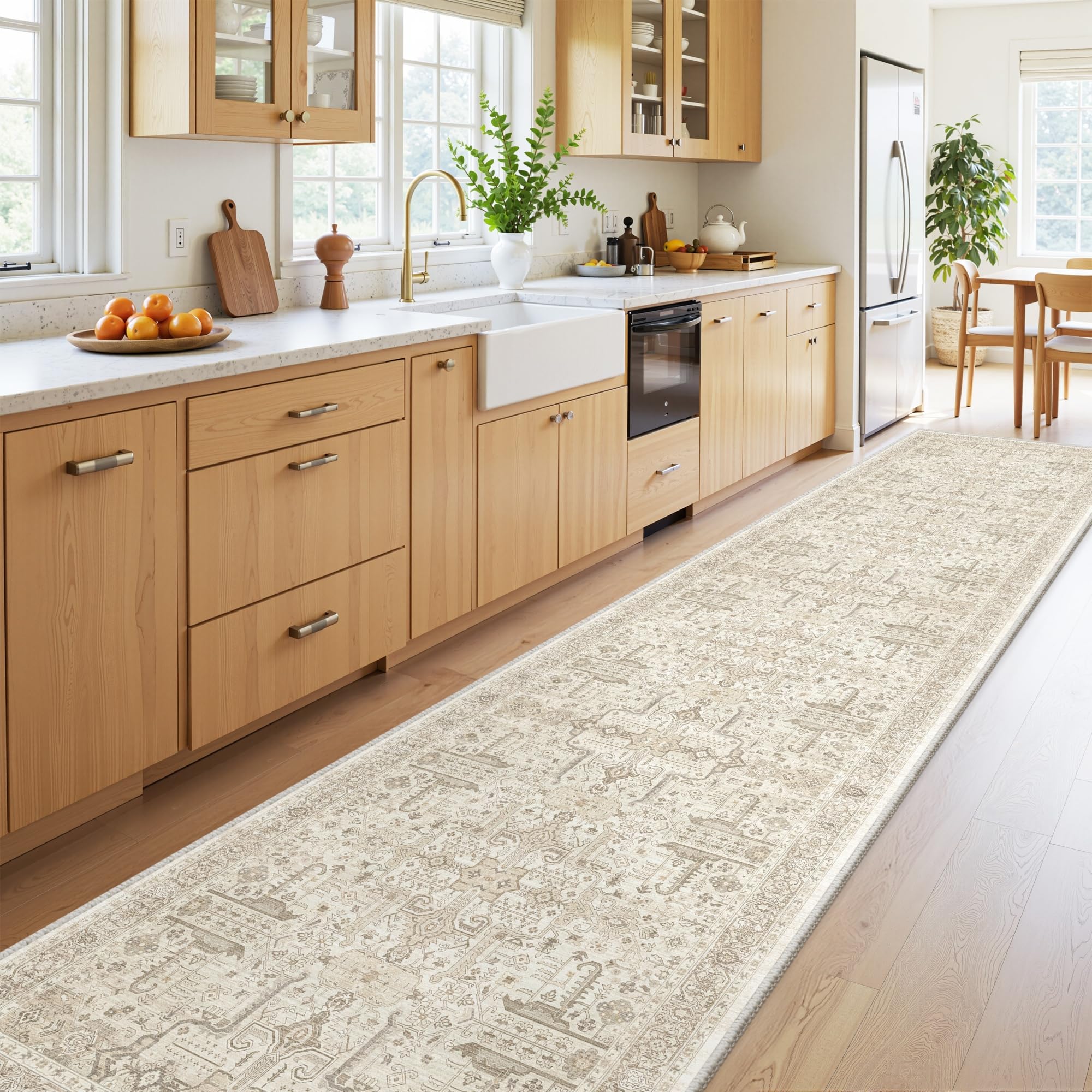 Hallway Washable Runner Rug 2x10 - Non Slip Vintage Kitchen Runner Rugs for Entryway Low-Pile Waterproof Long Runners for Living Room Bedroom Medallion Indoor Floor Mat for Bathroom Laundry Beige