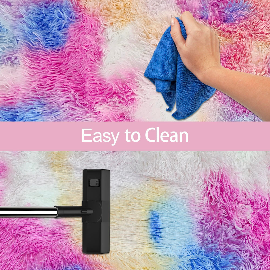 JiaoBaba Fluffy Colorful Rug for Bedroom 2x6 ft Kawaii Tie-Dyed Area Rug Non Slip Cute Unicorn Kids Runner Rug for Girls Princess Teens Living Room Playroom Baby Nursery Decor Carpets