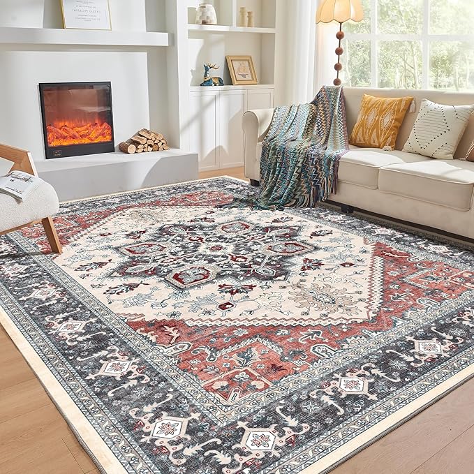 OPPODREAM Soft 8x10 Area Rugs, Washable Rugs 8x10 with Non Slip Backing, Faux Cashmere Low-Pile 8 x 10 Carpet, Black & Red