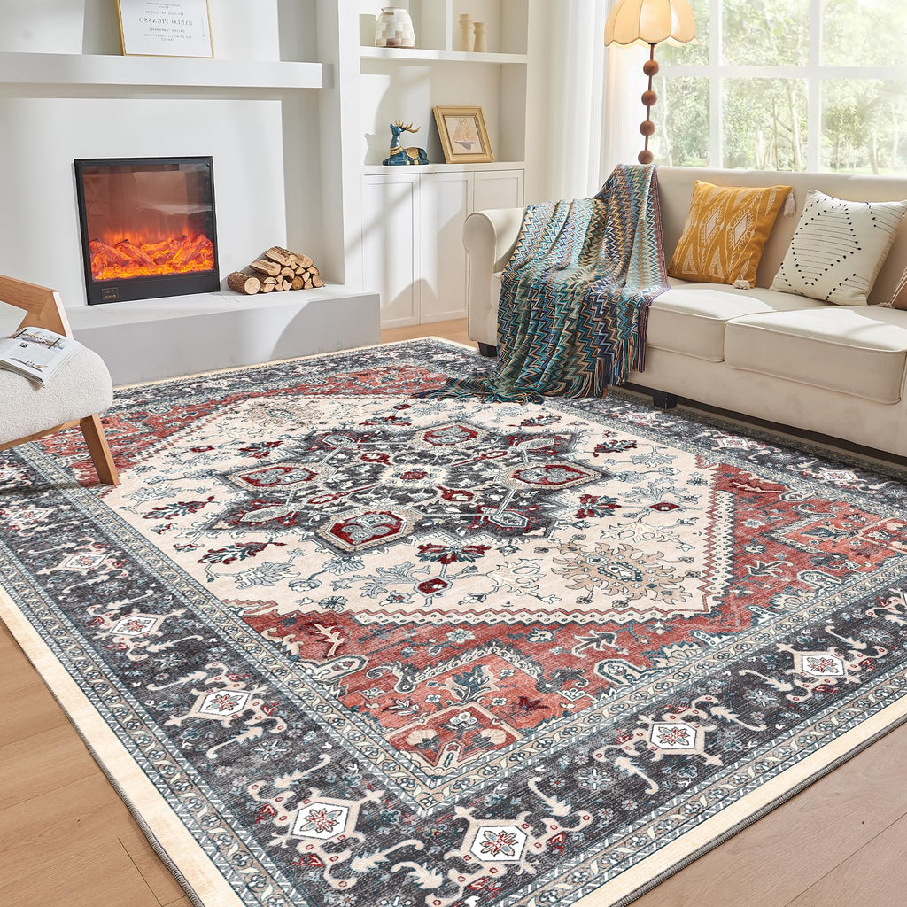 OPPODREAM Soft Area Rugs 10x14, Persian-Inspired Washable Rug, Black & Red
