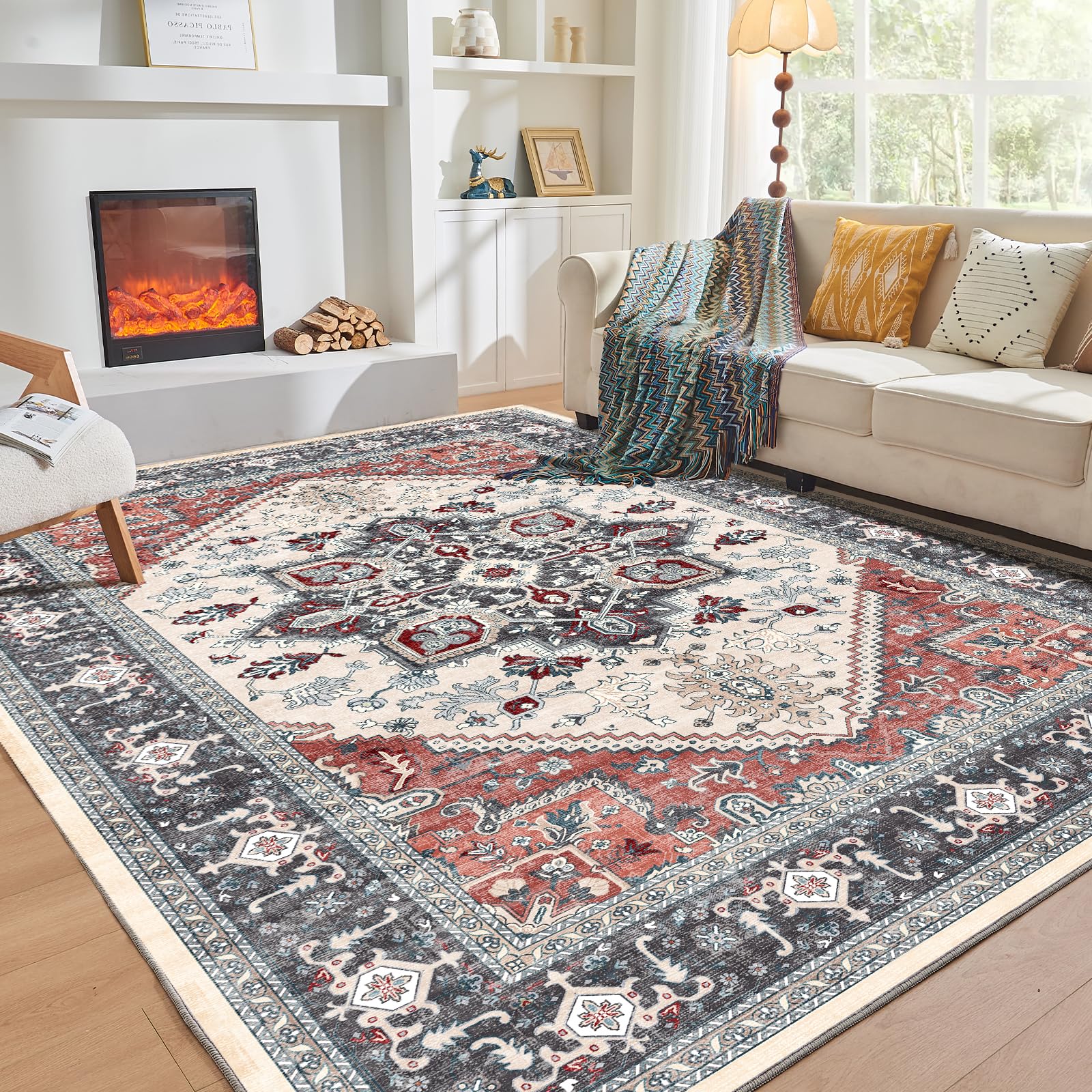 OPPODREAM Soft Area Rugs 10x14, Persian-Inspired Washable Rug, Black & Red
