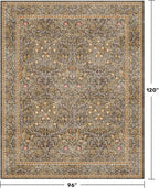 Vintage Floral Living Room Rug 8x10, Gold Brown Washable Area Rugs for Bedroom, Dining Room Under Kitchen Table, Oriental Low Pile Non-Slip Large Indoor Carpet with Taupe Yellow Earthy Tones