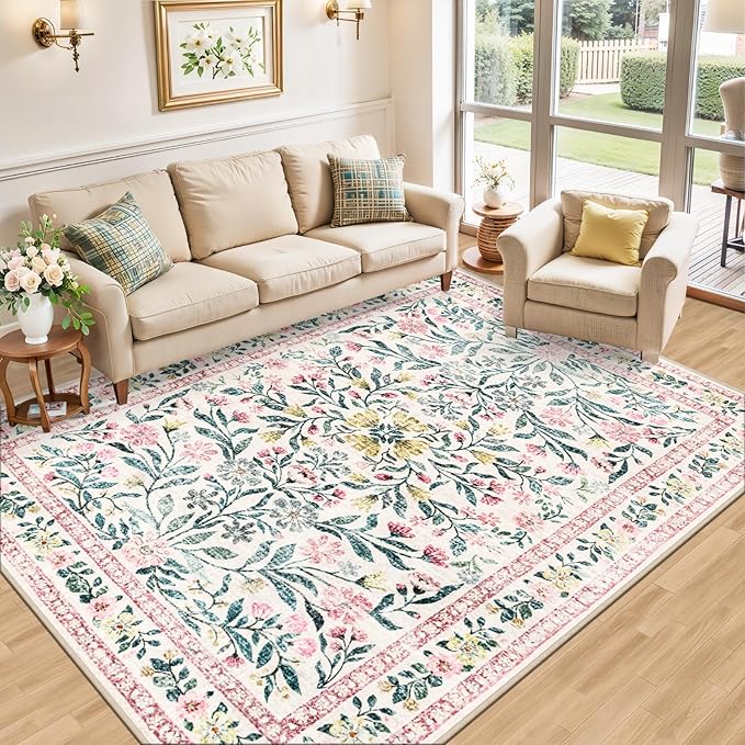 PLHXFR Area Rug Living Room: 5x7 Floral Washable Boho Carpet Pink Green
