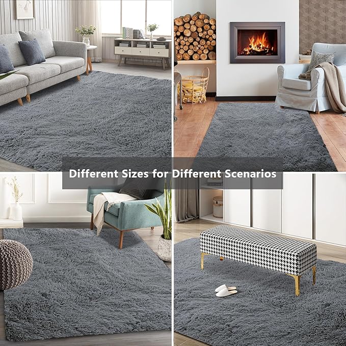 Shag Area Rugs for Bedroom Living Room,5X8 Ultra Soft Fluffy Area Rugs for Dorm, Indoor Carpet Nursery Rugs for Kids Room Home Decor,Dark Grey