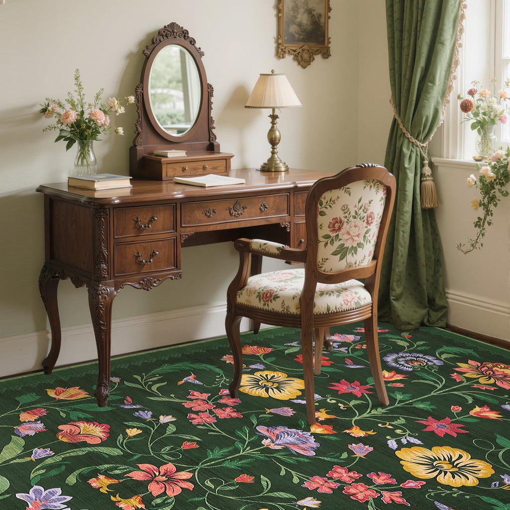 GarveeHome Washable Rug 4x6 Area Rugs for Living Room, Floral Rug for Bedroom, Soft Boho Non Slip Throw Rugs with Rubber Back, Low Pile Stain Resistant Vintage Floral Carpet for Dining Room, Green