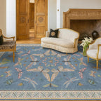 Hazo Haus 6x9 Blue Floral Rug for Dining Room Table - Area Rugs for Living Room, Bedroom, Insect Moth Art Nouveau Décor, Washable Lightweight Foldable Non Slip