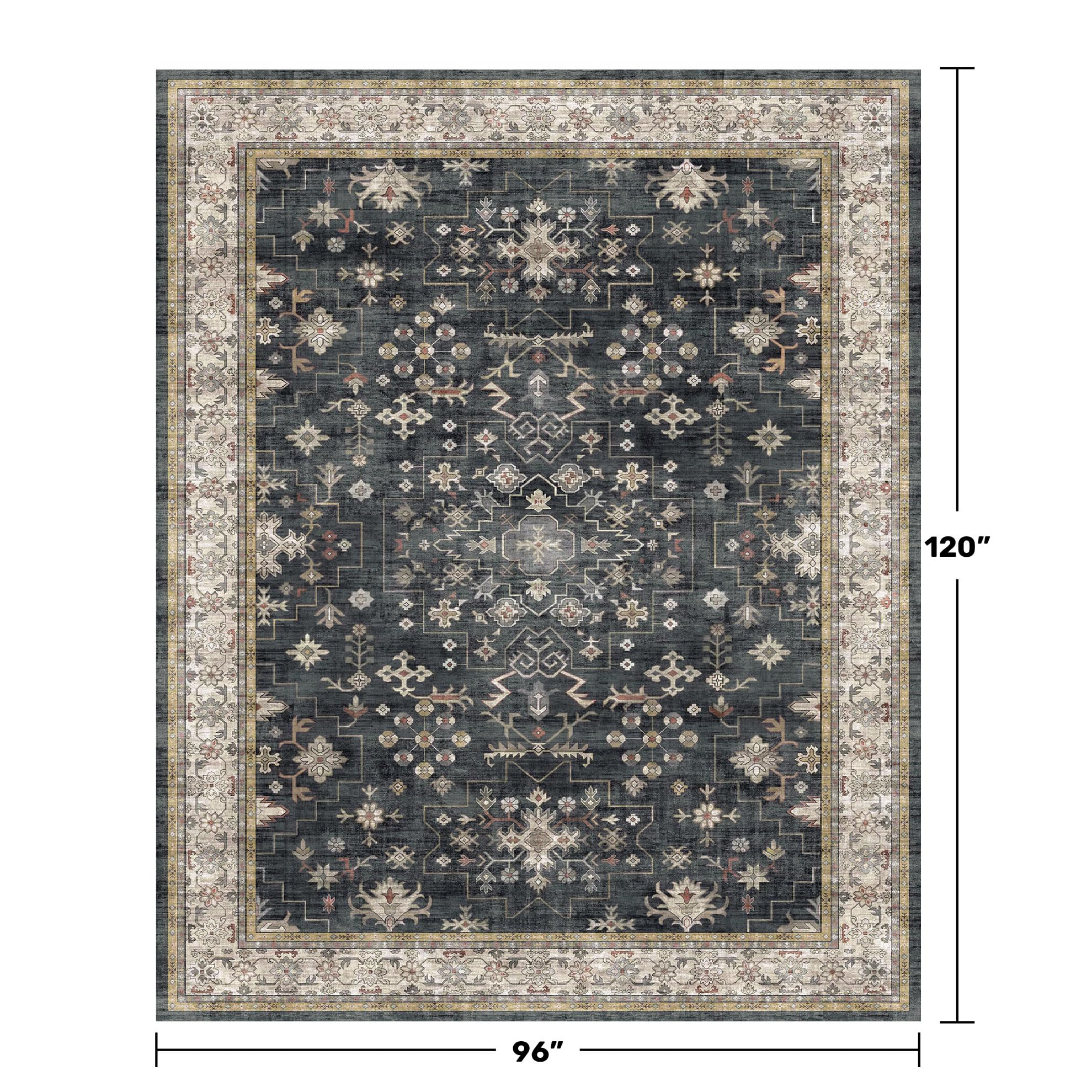 Black Farmhouse Washable 8x10 Area Rugs for Living Room, Bedroom, Dining Room Kitchen Table Rug for Under Table, Office, Dark Charcoal Tumble Stain Resistant Non-Slip Large Washable (8x10 Black/Multi)