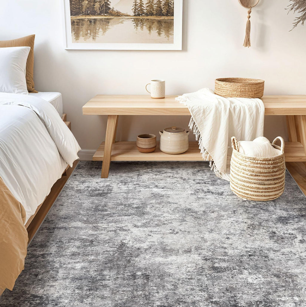 UERMEI Square Area Rugs: Washable 6x6 Neutral Modern Abstract Carpet for Living Room Bedroom - Soft Floor Mat with Non Slip Backing for Kitchen Nursery Dorms Farmhouse Home Decor - Grey