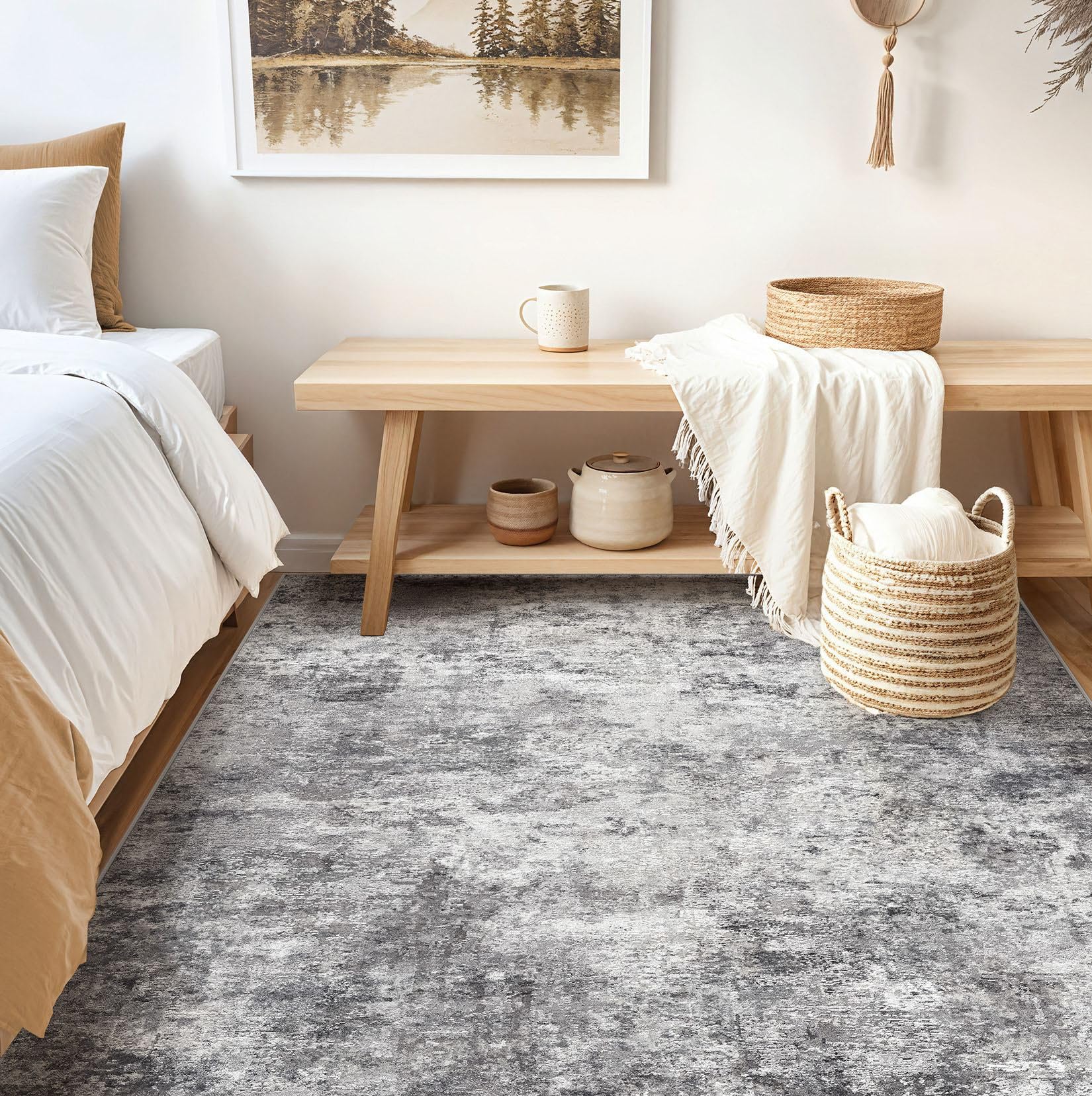 UERMEI Square Area Rugs: Washable 6x6 Neutral Modern Abstract Carpet for Living Room Bedroom - Soft Floor Mat with Non Slip Backing for Kitchen Nursery Dorms Farmhouse Home Decor - Grey