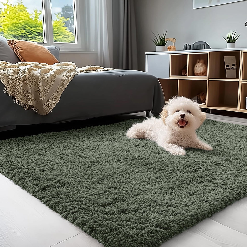 OLANLY 3x5 Machine Washable Small Bedside Rug, Soft Fluffy Shaggy Rugs for Living Room, Bedroom, Indoor Floor Carpet for Kids Girls and Boys, Preppy Dorms, Nursery, Home Decor Aesthetic, Olive Green