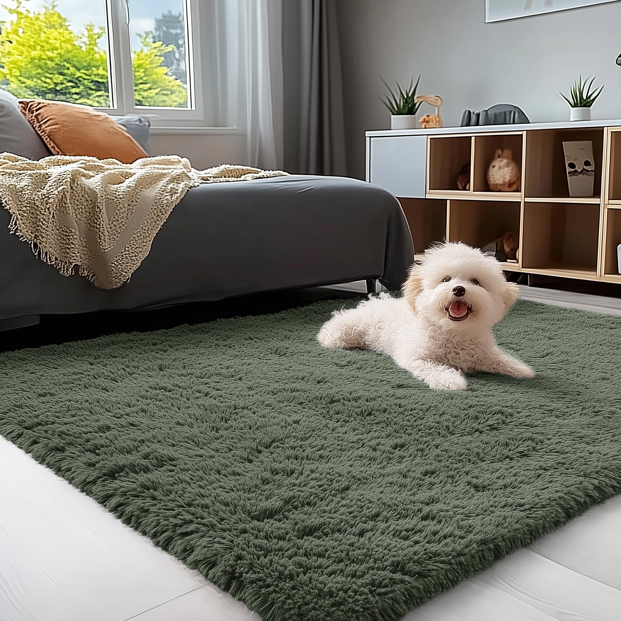 OLANLY 3x5 Machine Washable Small Bedside Rug, Soft Fluffy Shaggy Rugs for Living Room, Bedroom, Indoor Floor Carpet for Kids Girls and Boys, Preppy Dorms, Nursery, Home Decor Aesthetic, Olive Green