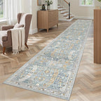 Madane Hallway Runner Rug 2x12, Extra Long Washable Runner Rugs with Rubber Backing, Non Slip Carpet Runner for Hallway, Vintage Rug Runners for Kitchen Laundry Room Entryway (Blue/Gold, 2'x12')