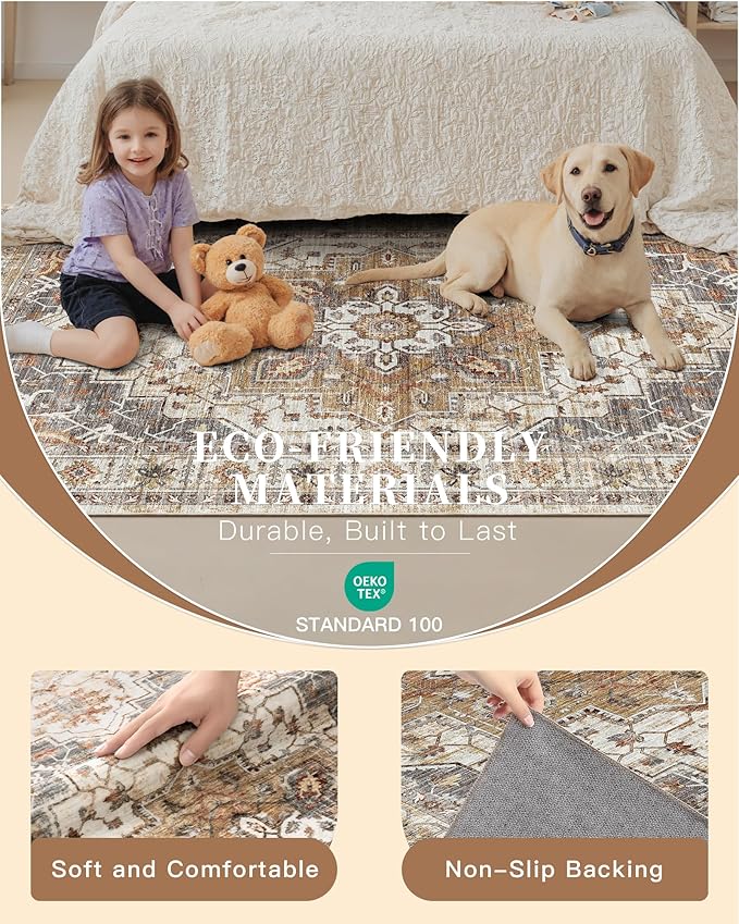 Madane 4x10 Wide Hallway Runner Rug Washable for Living Room, Turmeric/Grey