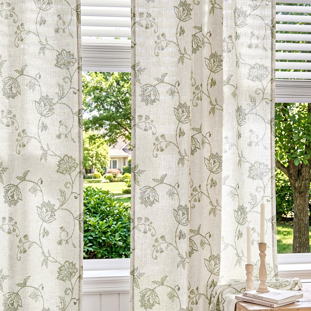 jinchan Linen Curtains Floral Curtain 84 Inch Length for Living Room Bedroom Light Filtering Rod Pocket Back Tab Jacobean Curtains Flax Linen Texture Window Drapes Set 2 Panels Green on Linen