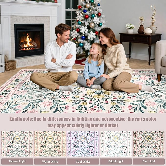 PLHXFR Area Rug Living Room: 5x7 Floral Washable Boho Carpet Pink Green