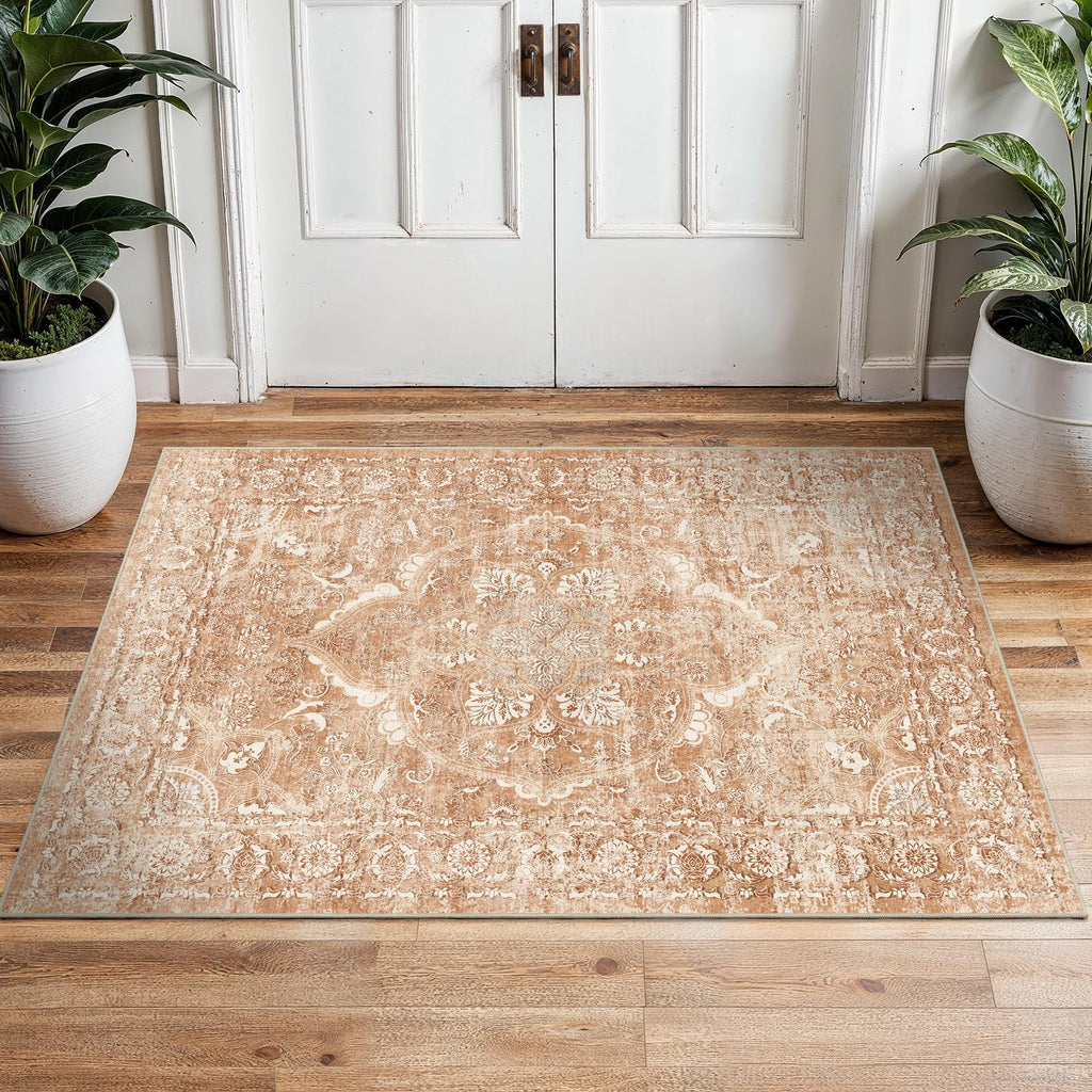 2x3 Washable Area Rug for Entryway: Throw Vintage Neutral Rugs Brick