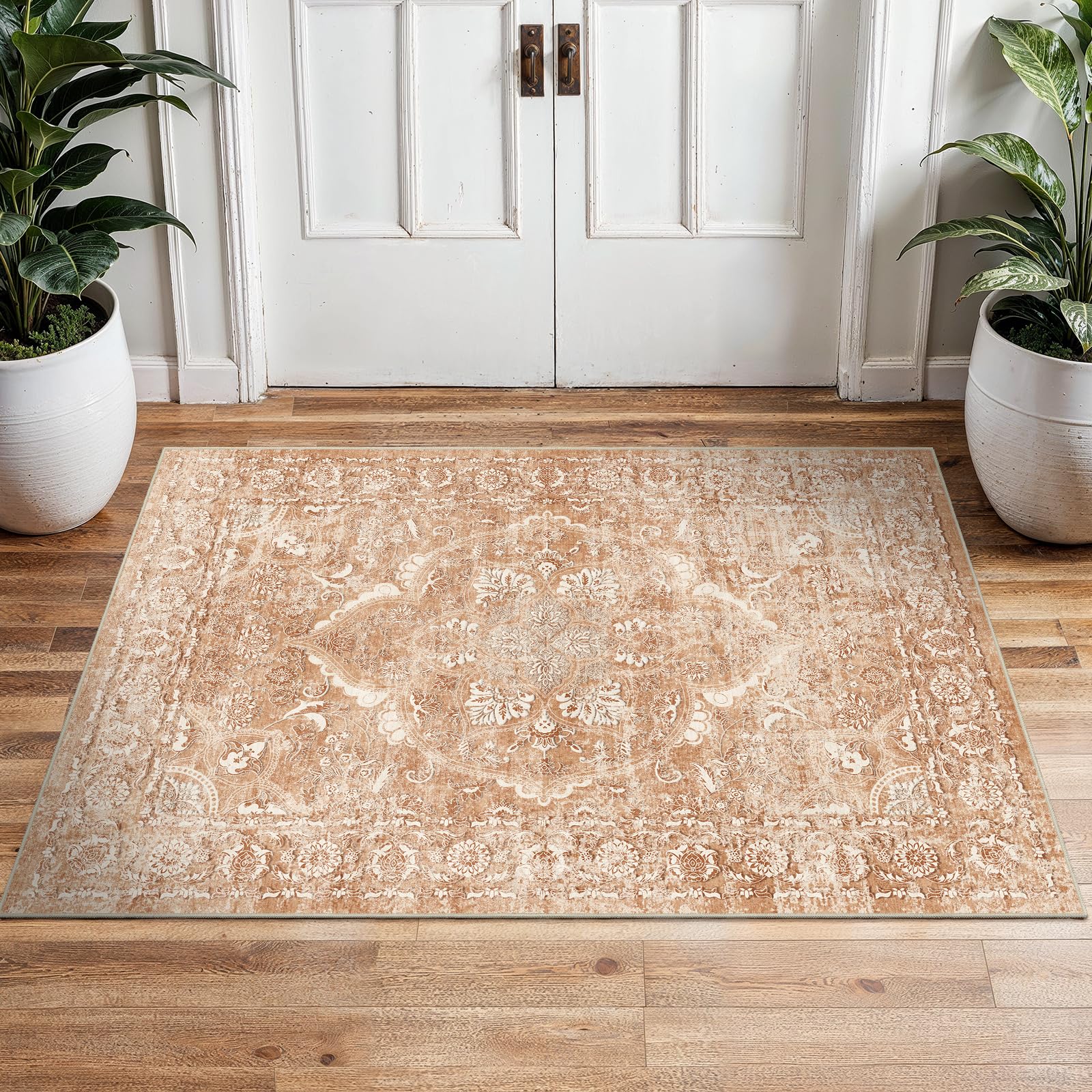 2x3 Washable Area Rug for Entryway: Throw Vintage Neutral Rugs Brick