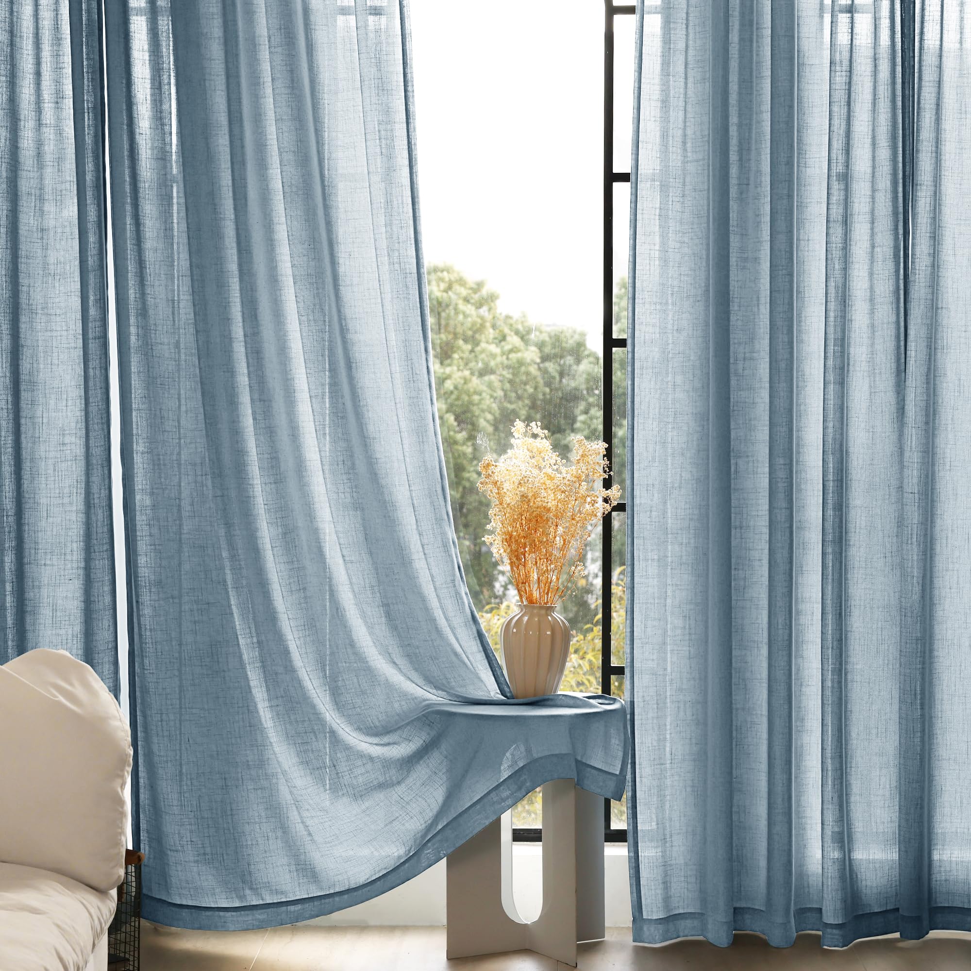 Dusty Blue Linen Curtains for Living Room Back Tab Light Filtering Semi Sheer Light Blue Bedroom Curtains Linen Cotton Textured Grey Blue Drapery Panel Airy Modern Farmhouse Aesthetic Decor 52x96 Long