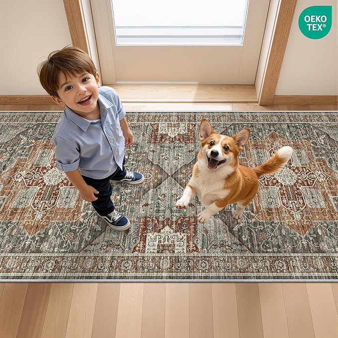 Restydon Runner Rug 2x8 Runners for Hallways Washable Rugs, Grey/Brown/Tan
