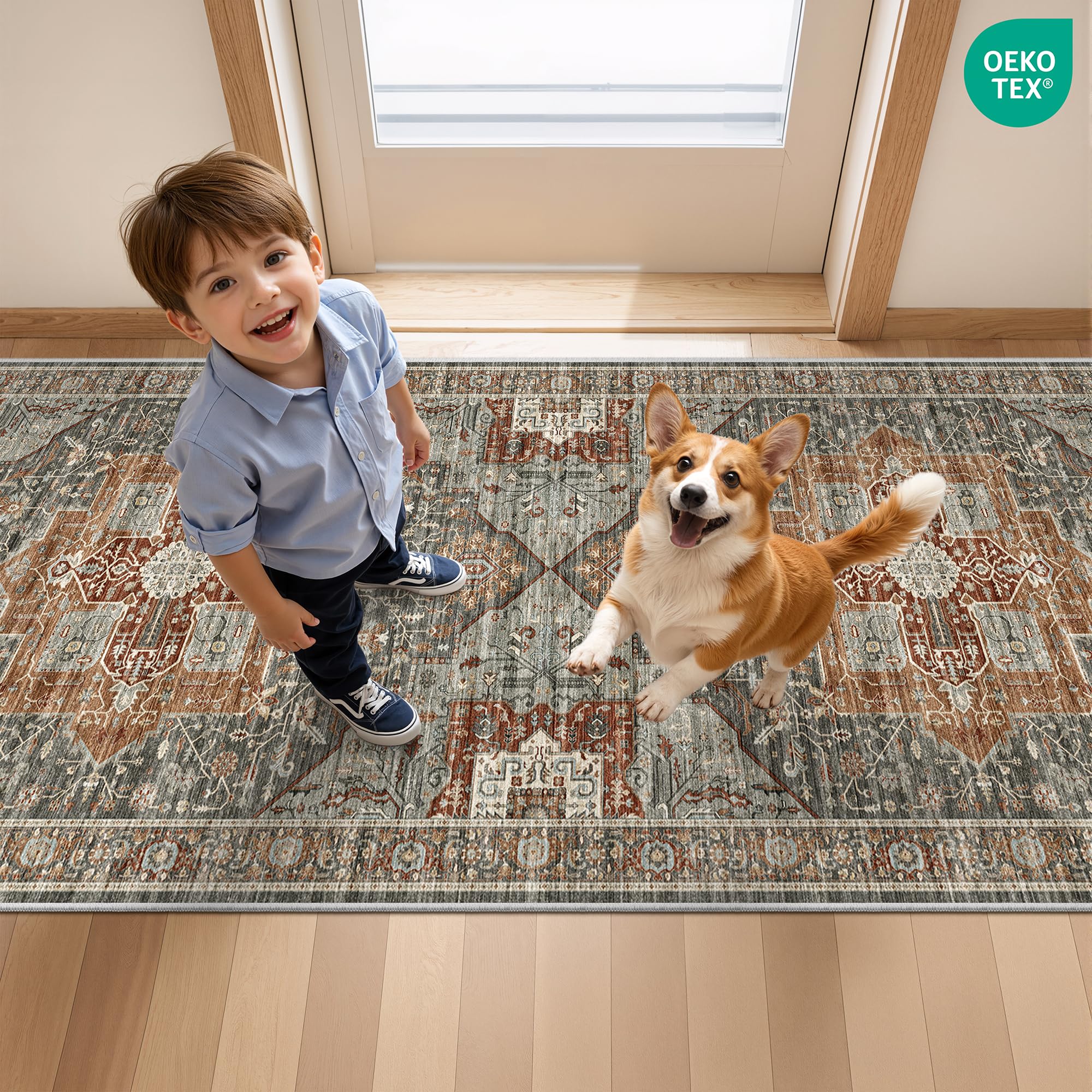 Restydon Runner Rug 2x6, Non Slip Washable Rugs for Hallways,Grey/Brown/Tan