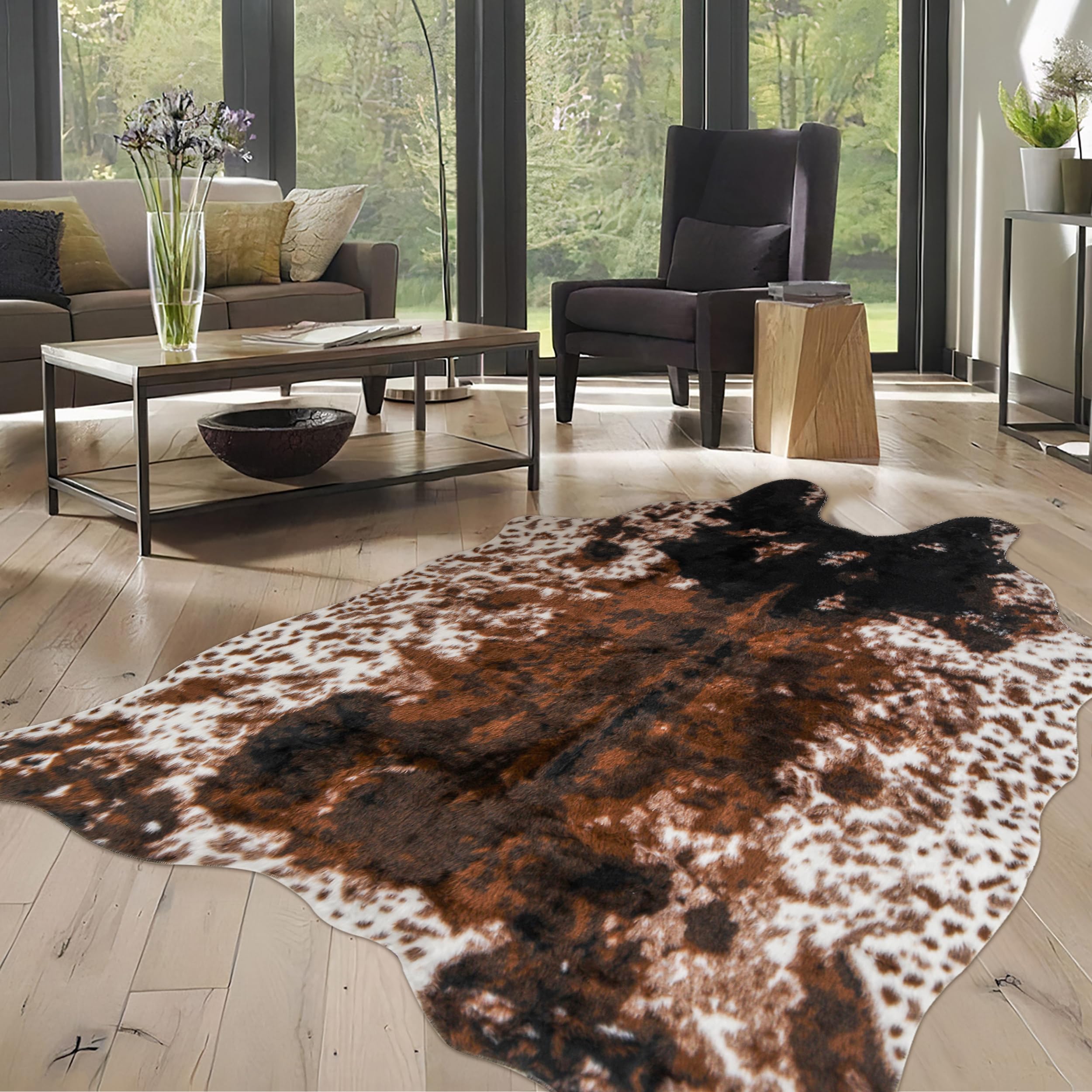 Cow Print Faux Cowhide Rug, Fluffy Fur 5.2x7 Feet Washable Cow Rugs for Living Room Bedroom Animal Print Hide Skin Rustic Western Décor Black and Brown